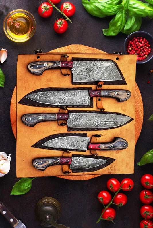 Hand Forged Damascus Steel Chef Knife Set, Kitchen Knives
