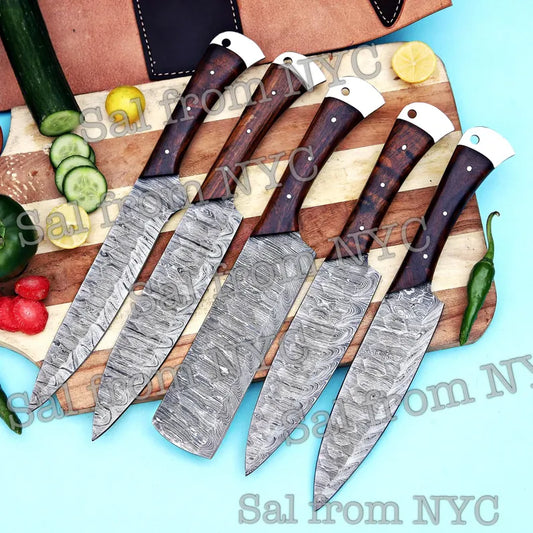 Father’s Day Chef Knife Set, 5Pcs Hand Forged Damascus Knives